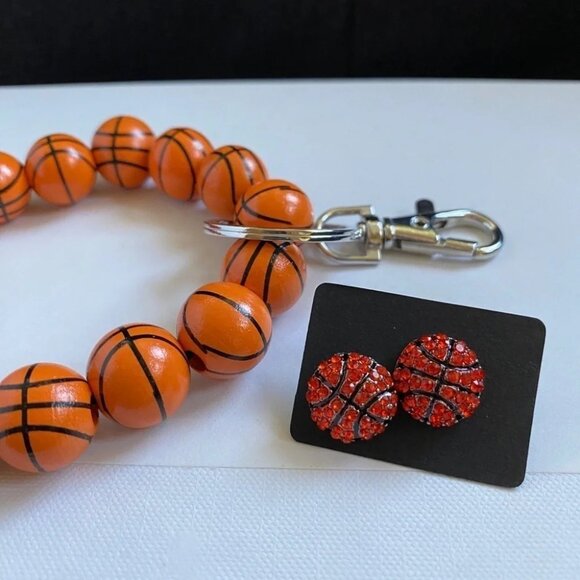 Basketball Wooden Keychain and Sparkly Basketball Stud Earrings - Picture 2 of 4